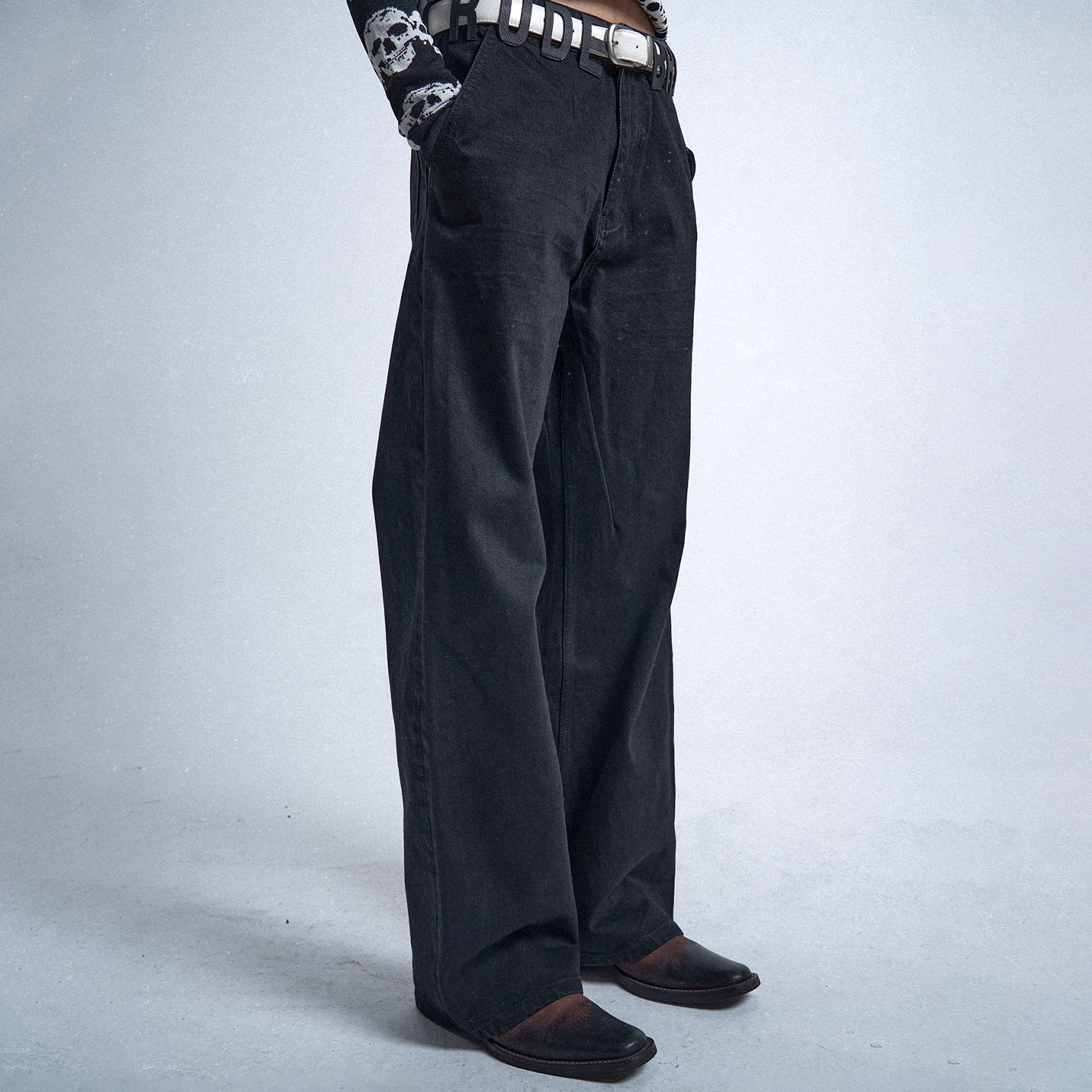 no E mosen（noE)'RUDEBRAT'立体压褶猫须拼皮耳仔标语水洗牛仔裤,男装,牛仔裤,淘宝优惠券,粉丝福利购,淘宝优惠卷