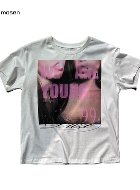 no E mosen（noE）''WEARE YOUNG''迷幻女郎印花合身短宽街头短袖