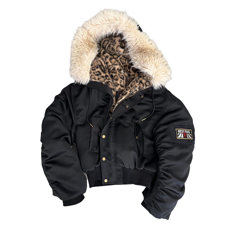thumbnail for no E mosen's leopard-print hooded fur-collar padded 2000 Red Star armband aviator street padded jacket