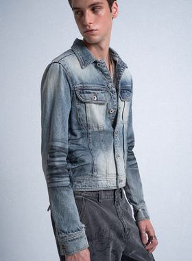 noEmosen(noE)'KNIGHT'喷色浅蓝洗水虎纹猫须割破修身牛仔夹克