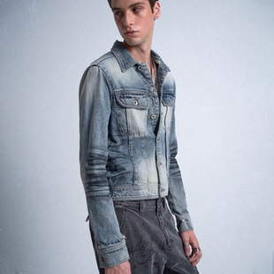 喷色浅蓝洗水虎纹猫须割破修身 KNIGHT 牛仔夹克 noE noEmosen