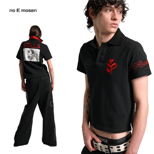 no E mosen（noE）红龙刺绣贴布印花黑红翻领正肩街头polo短袖T恤