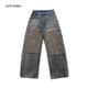 mosen刷银蜡染做旧立体猫须脏蓝水洗baggy斜门襟街头牛仔裤