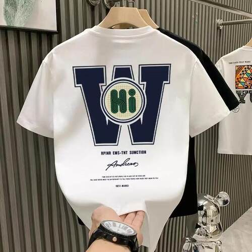 美式复古潮牌重磅纯棉青少年男生短袖T恤圆领宽松体恤衫凉感大码