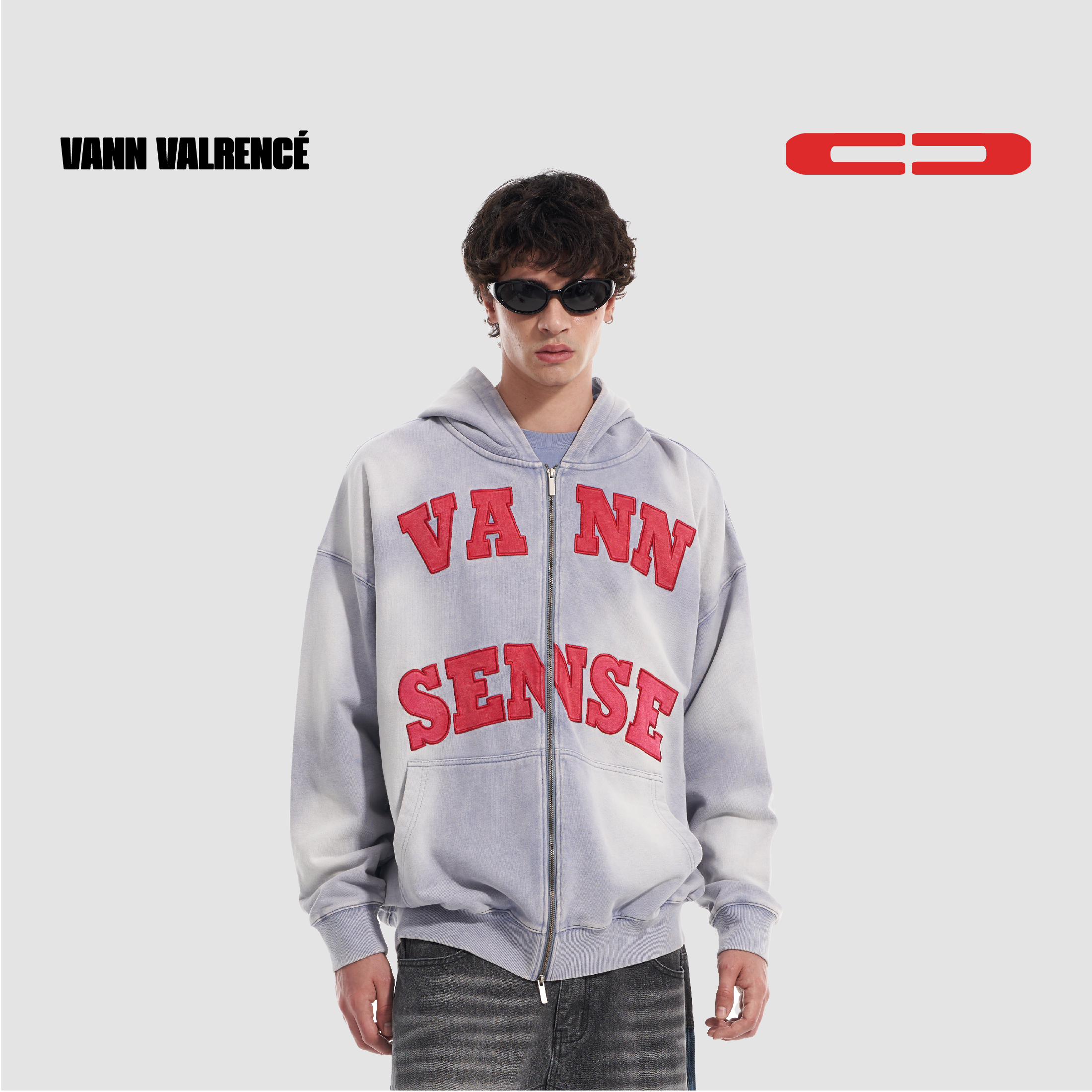 VANN VALRENCE美式复古水洗做旧牛仔色绣花连帽卫衣开衫宽松外套