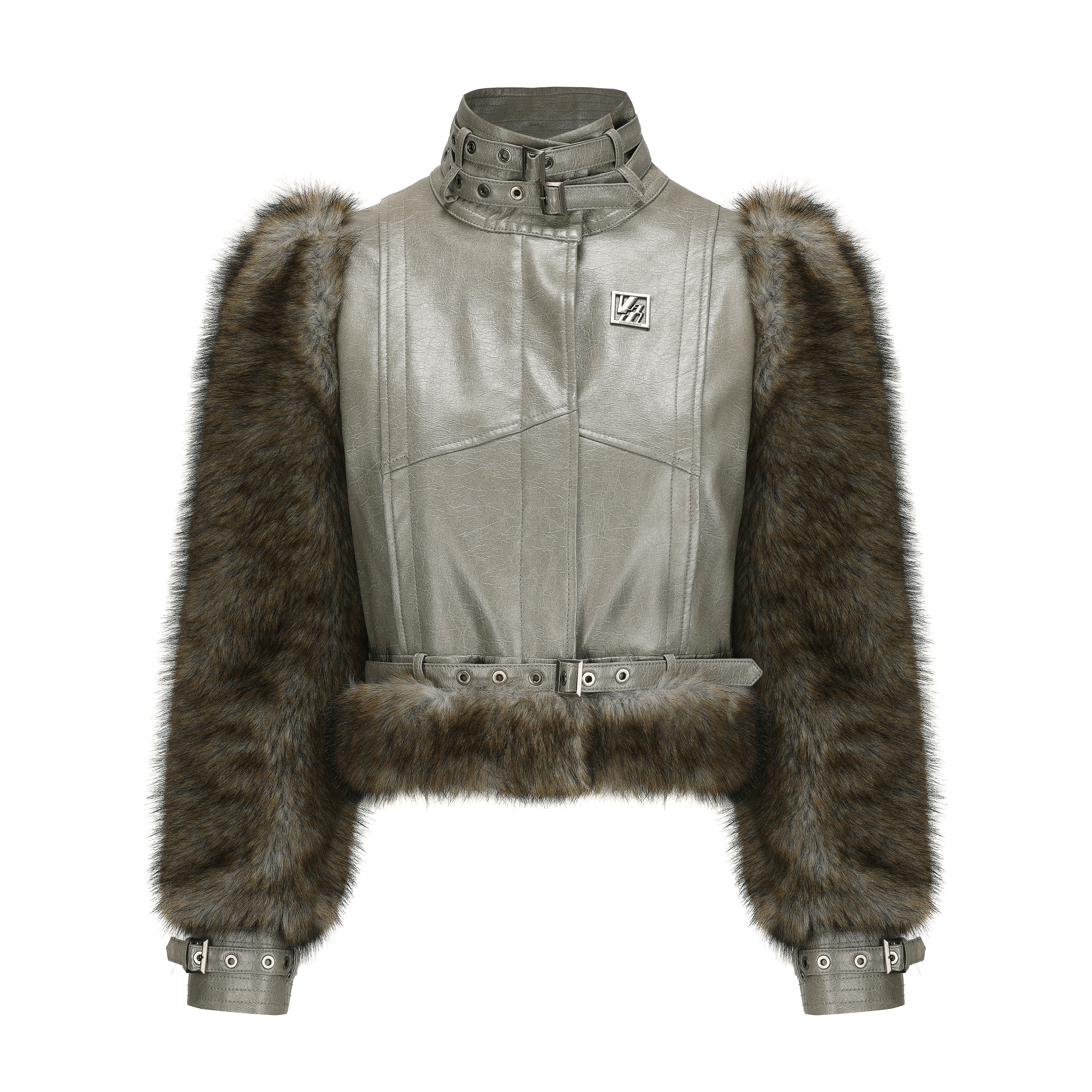 VANN VALRENCE原创设计复古仿皮草拼接夹棉女士皮质短款夹克外套