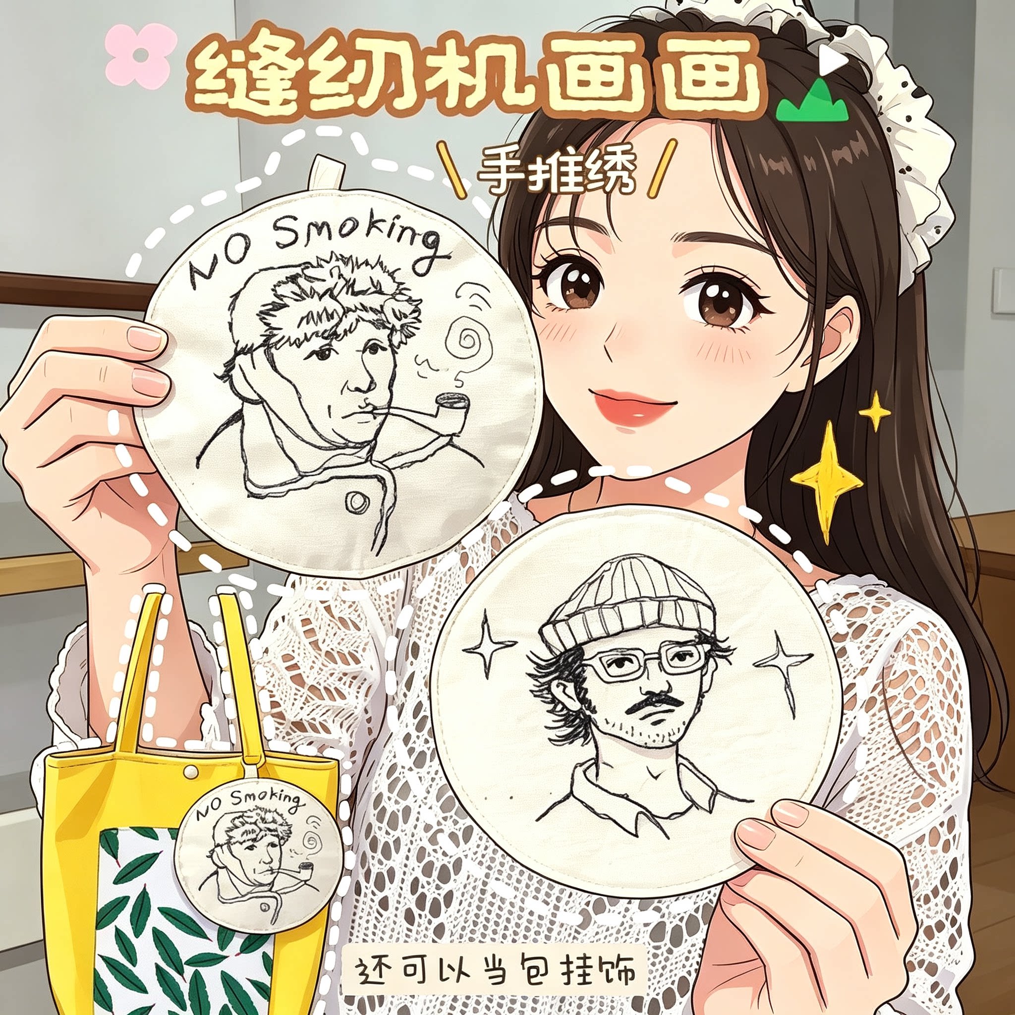 缝纫机手推绣教程人像图案刺绣制作技巧方法