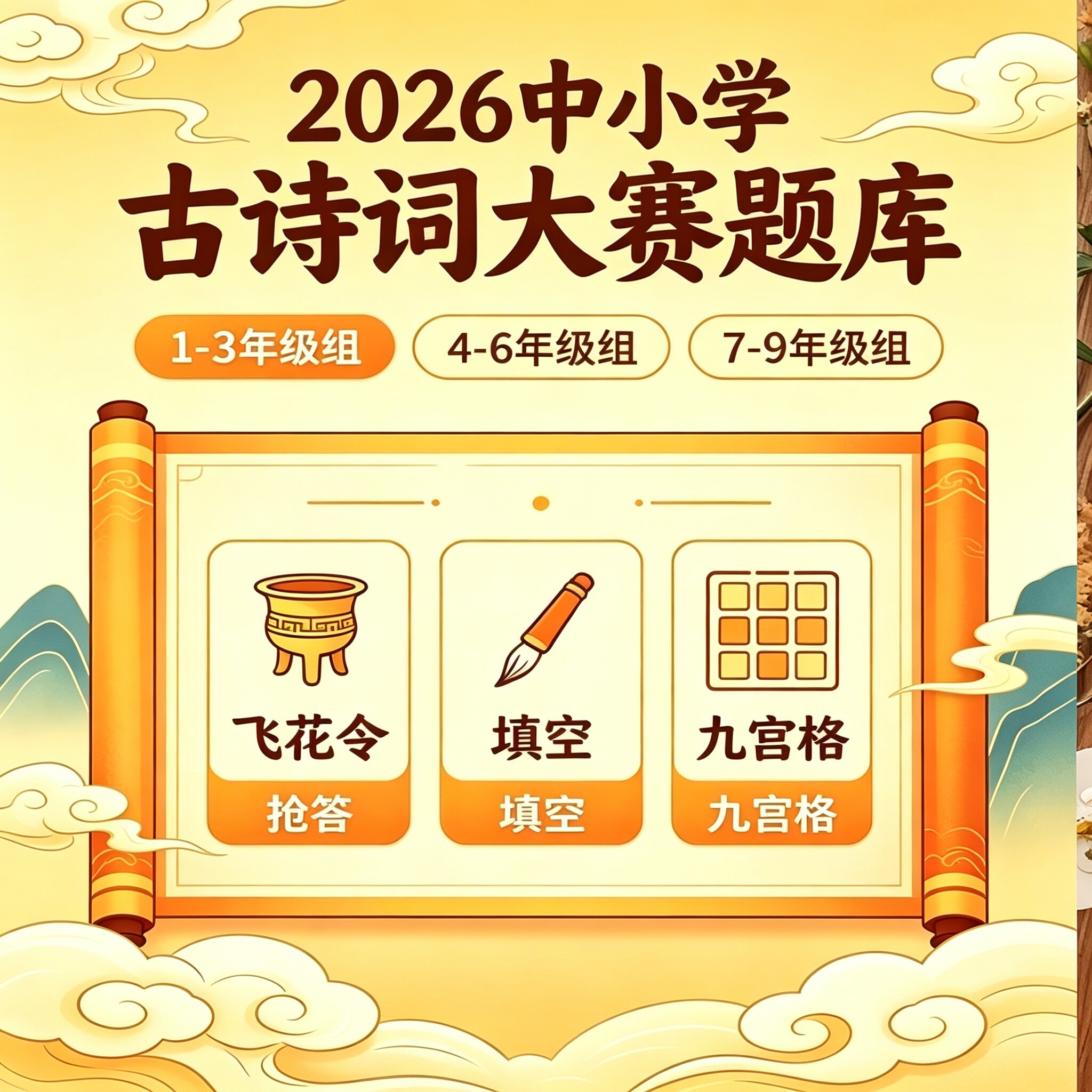 2026中小学古诗词大赛题库分年级飞花令填空九宫格刷题大全