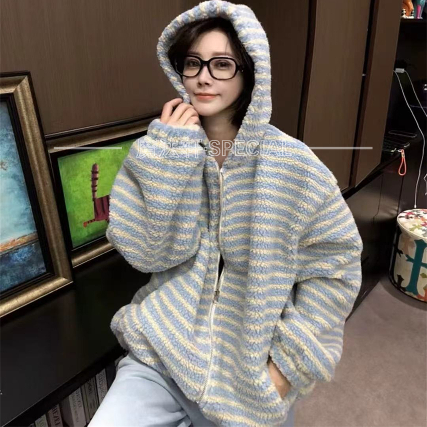 摇粒绒条纹外套女2025新款