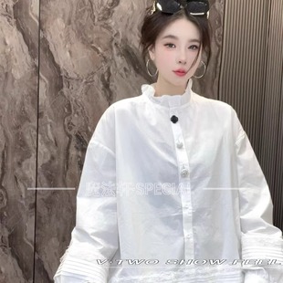 木耳边立领半排扣衬衣高级感上衣Q 裙女2025冬新款 拼蕾丝长袖 衬衫