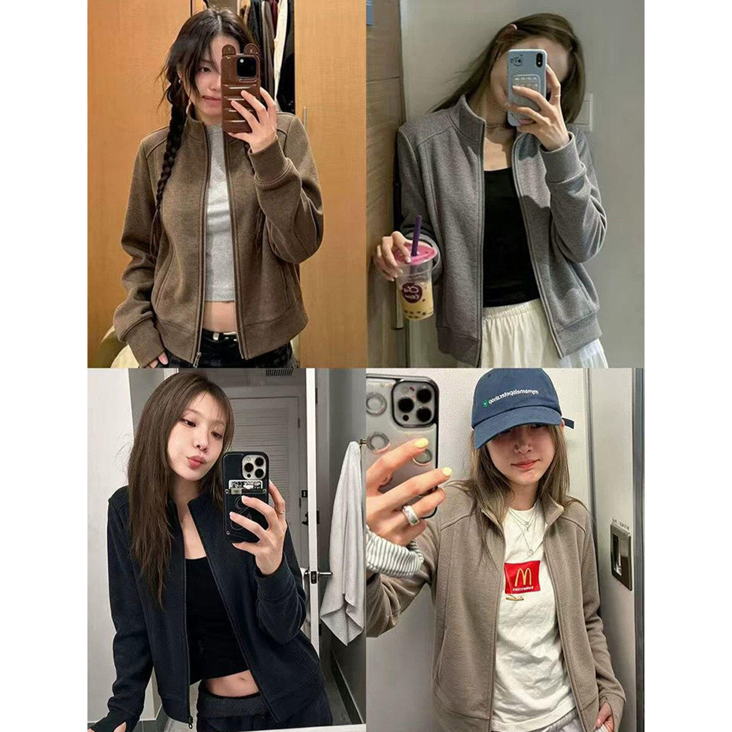 深灰色双面绒立领外套女秋新款修身短款拉链开衫磨毛长袖休闲上衣
