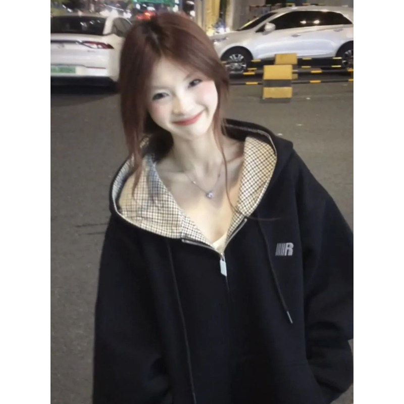 慵懒风拼接格子刺绣连帽卫衣女秋冬加绒宽松百搭美式休闲外套潮牌