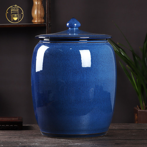 景德镇高温陶瓷储罐蓝米罐家用防潮密封装饰储粉桶