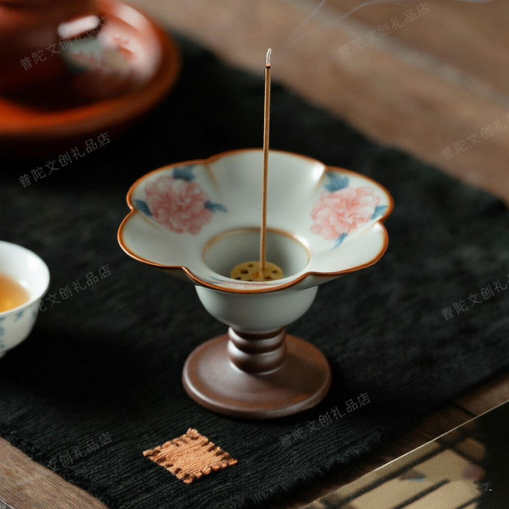 汝窑芙蓉花香插托盘香炉 家用室内熏香茶道线香底座陶瓷香炉