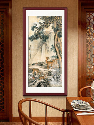 网红正对大门墙松鹤延年入户玄关装饰荷花挂画中式竖版八骏图传世