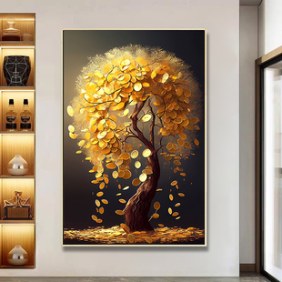 网红轻奢发财树玄关装 饰画入户正对门走廊过道尽头挂画高级感玄幻