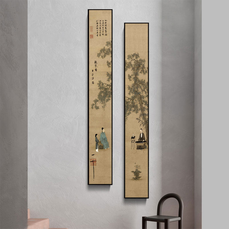网红听琴图新中式装饰画客厅茶室背景墙壁画书房玄关挂画长条竖版