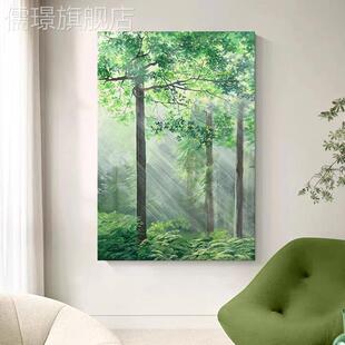 网红绿色森林手油画厅客晨曦风景装饰画玄关抽象树木挂画大绘芬村
