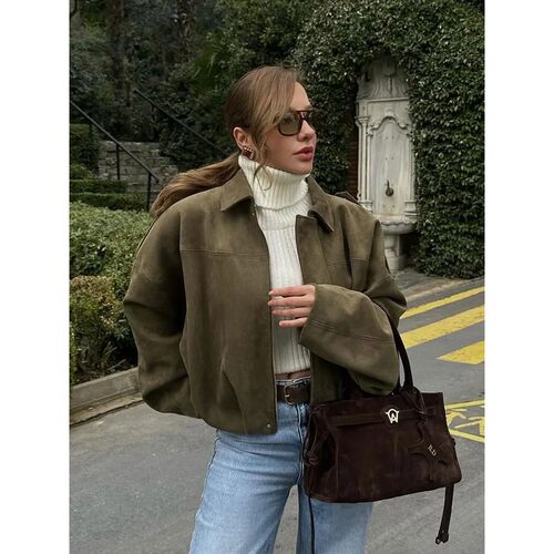 女式翻领拉链飞行员夹克外套