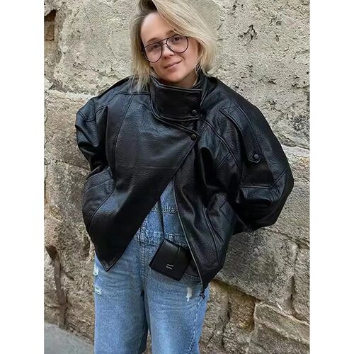 女式短款宽松机车风皮夹克外套