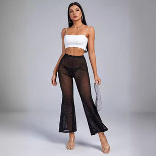 diamond pants性感亮钻网纱透视喇叭裤 mesh flared sheer Bright