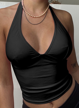 V-neck halter sexy halter top女士挂脖V领显胸吊带性感露背上衣