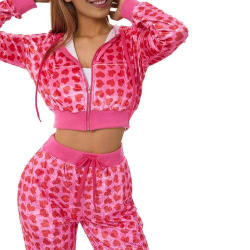 丝绒面料爱心印花连帽卫衣套装