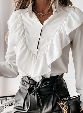 Ruffled loose stand up collar shirt 荷叶边宽松长袖小立领衬衣