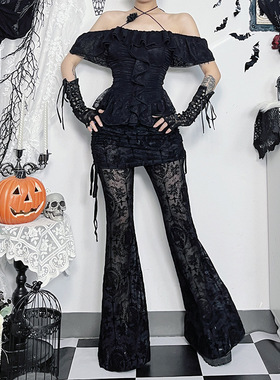 Punk-style black lace flared pants万圣节朋克风黑色蕾丝喇叭裤