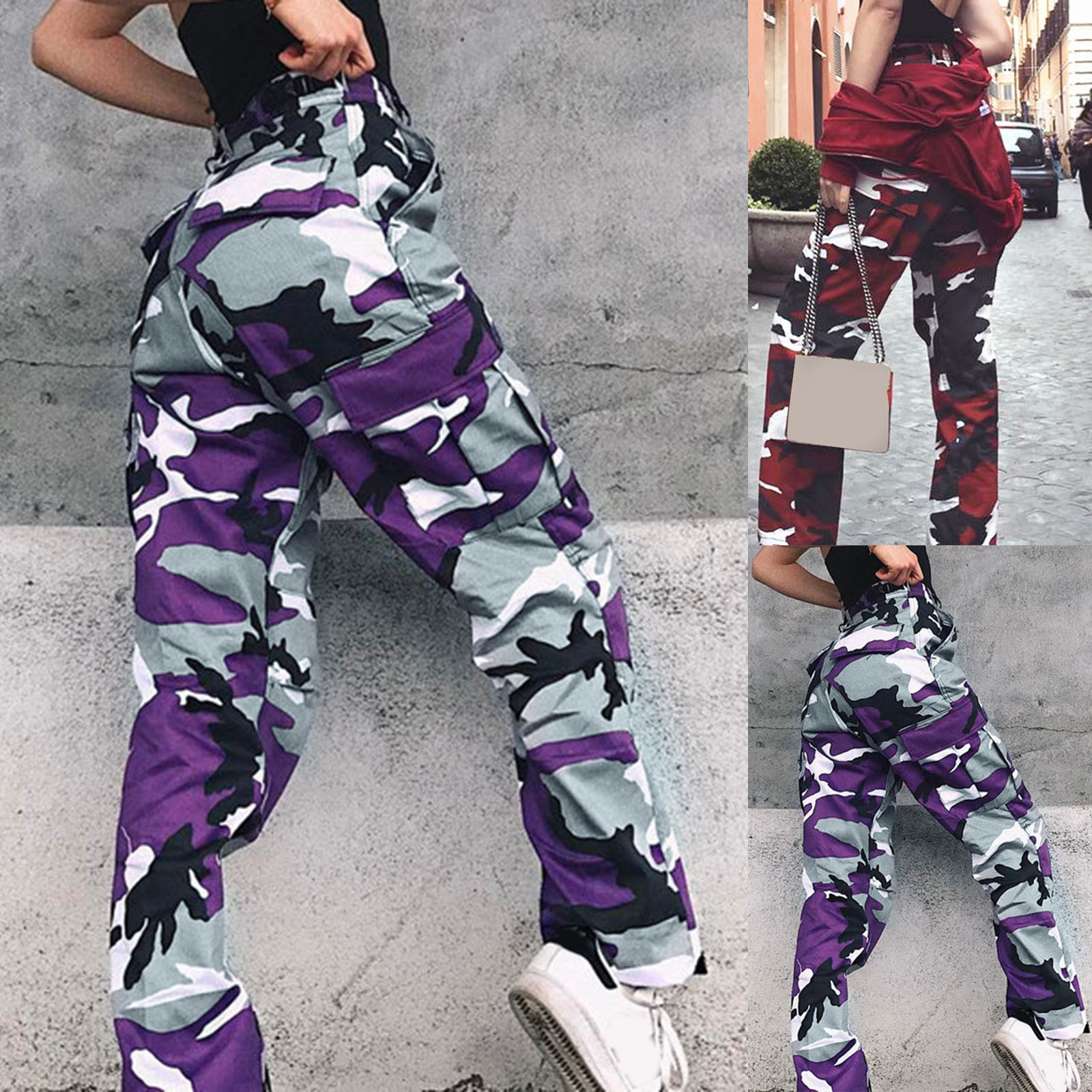 Camo printed high-waisted overalls女士迷彩印花高腰休闲工装裤