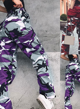 Camo printed high-waisted overalls女士迷彩印花高腰休闲工装裤