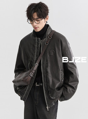 BJZE男装24冬季新品pu皮水洗擦色羽绒服短款韩版鸭绒加厚保暖外套