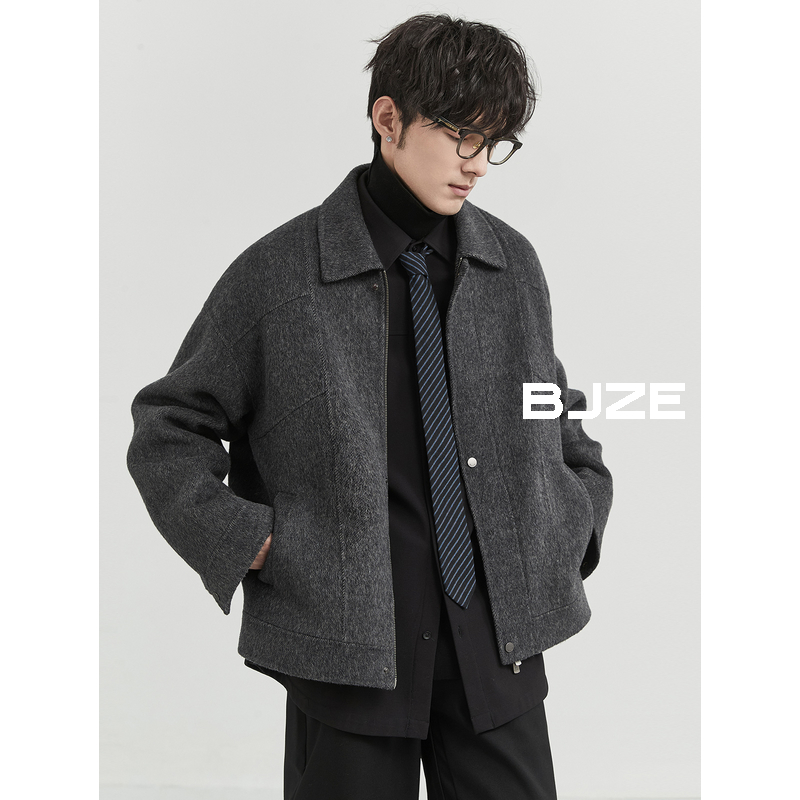 BJZE男装2024冬季高级感定织骆驼绒双面呢夹克翻领通勤羊毛呢外套