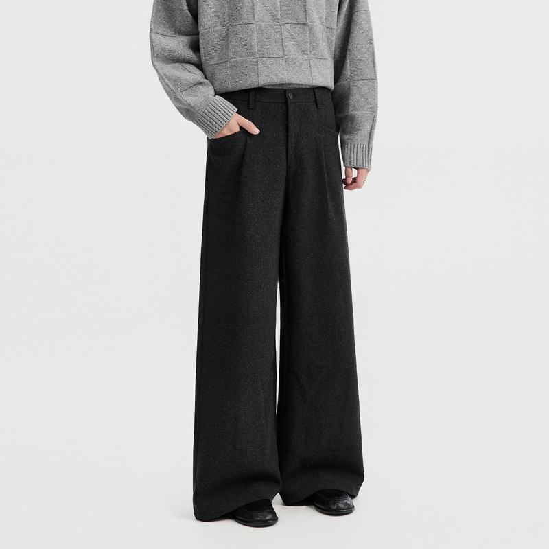 {山羊绒羊毛混纺}BJZE冬季加厚毛呢直筒宽松休闲裤男高级感黑裤子