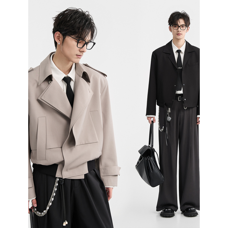 【双层翻领设计感】BJZE男装25春季时尚肩章风衣短款韩版宽松外套