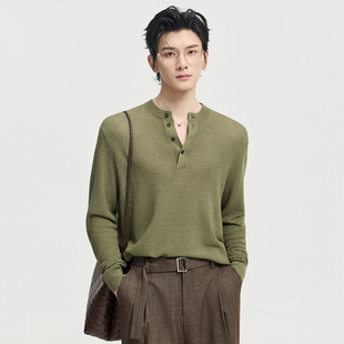 伯爵卓尔26春季莱赛尔亚麻薄款针织衫男宽松套头时尚亨利领上衣