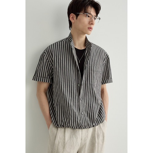 伯爵卓尔26夏季莫代尔天丝条纹短袖衬衫男撞色设计感宽松韩版T恤