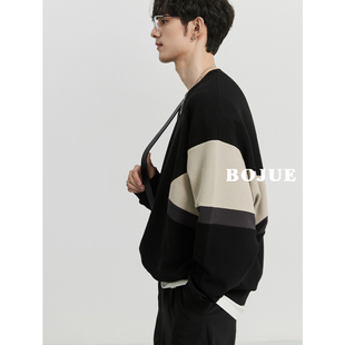 时尚 韩版 休闲上衣 新款 高级感撞色拼接圆领套头卫衣男宽松23春秋季