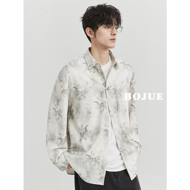 BJZE男装2024秋季新中式国风水墨画印花长袖衬衫男高级感宽松上衣