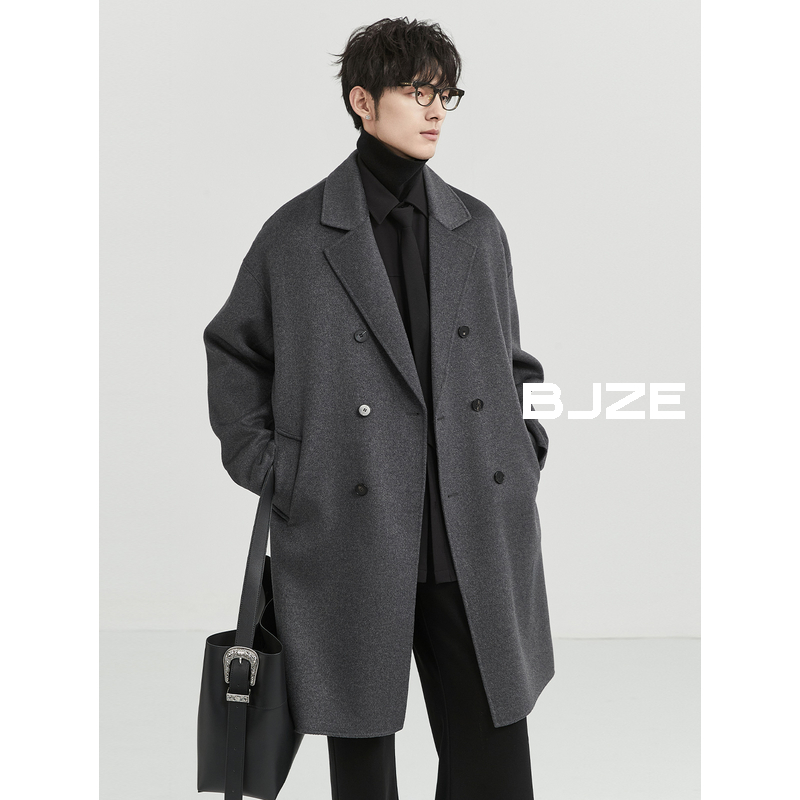 BJZE男装冬季高端定织100全山羊绒大衣中长款 韩版双面纯呢子外套