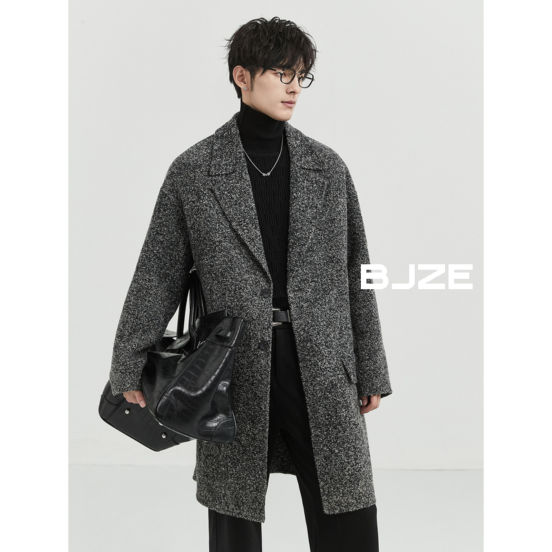 BJZE男装24冬季新款90毛圈圈花呢双面羊毛大衣中长款呢子加厚外套