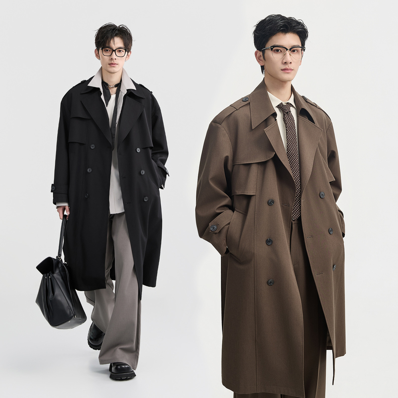 {高级设计感长款}BJZE2025秋季战壕过膝风衣男生休闲通勤抗皱外套