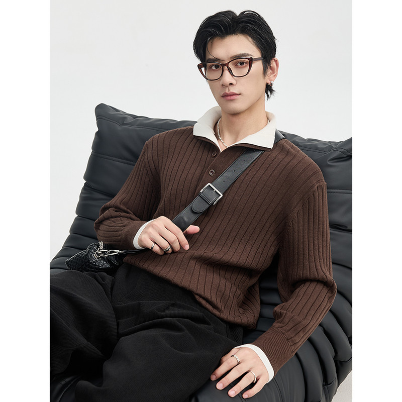 {假两件拼接设计}伯爵卓尔25秋季撞色打底针织衫男含羊毛套头毛衣