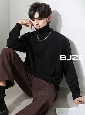 BJZE男装冬季远红外锁温加厚男高领毛衣韩版黑色打底半中领针织衫