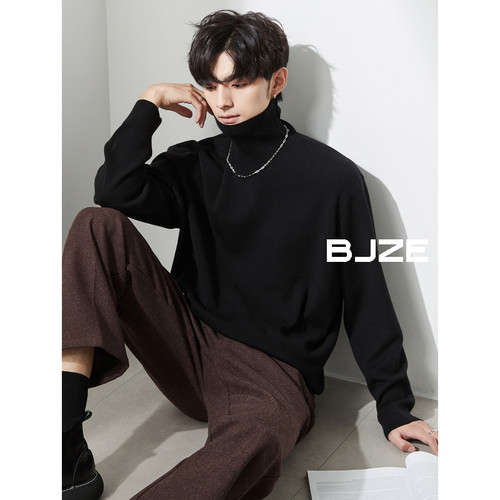 BJZE男装冬季远红外锁温加厚男高领毛衣韩版黑色打底半中领针织衫