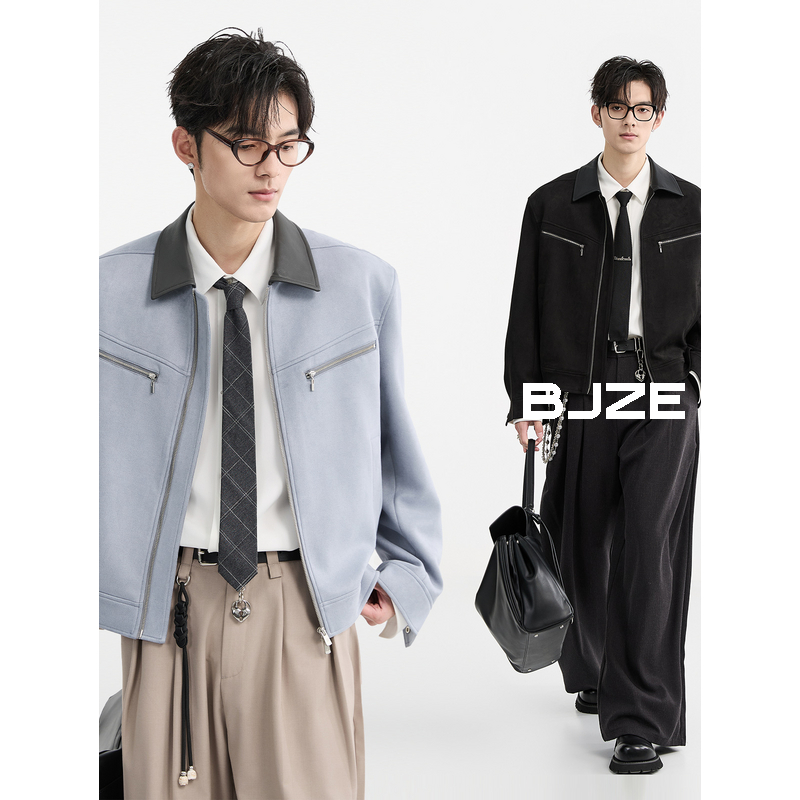 [垫肩高级设计感]BJZE男装25春季撞色PU拼接夹克短款仿麂皮绒外套