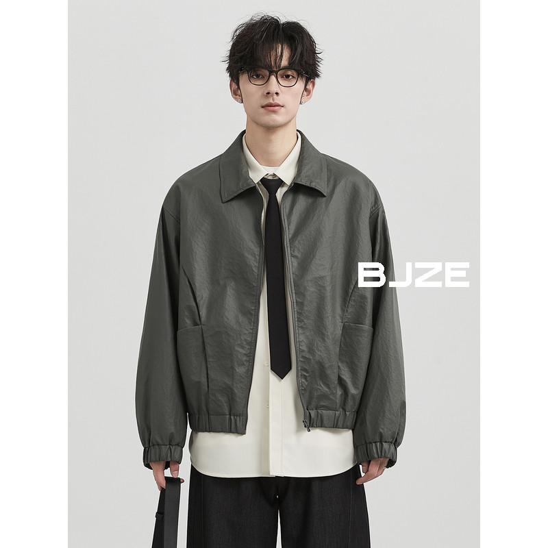 BJZE男装24秋季新款高级定织褶皱肌理Pu皮夹克外套翻领机车短上衣
