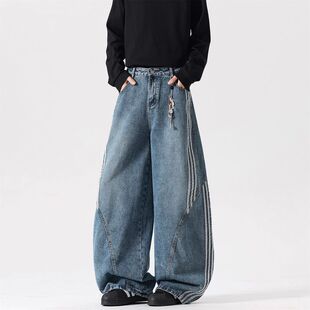 美式街头三条杠拼接弯刀牛仔裤男款复古潮牌解构宽松水洗阔腿长裤
