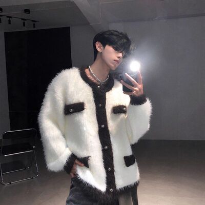 春秋冬季美式超保暖加厚水貂毛毛衣男加棉毛绒针织开衫小香风外套