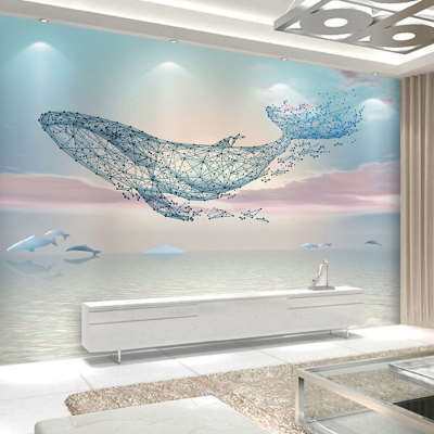 北欧轻奢鲸鱼电视背景墙布卧室床头客厅沙发壁画高端海豚影视壁布
